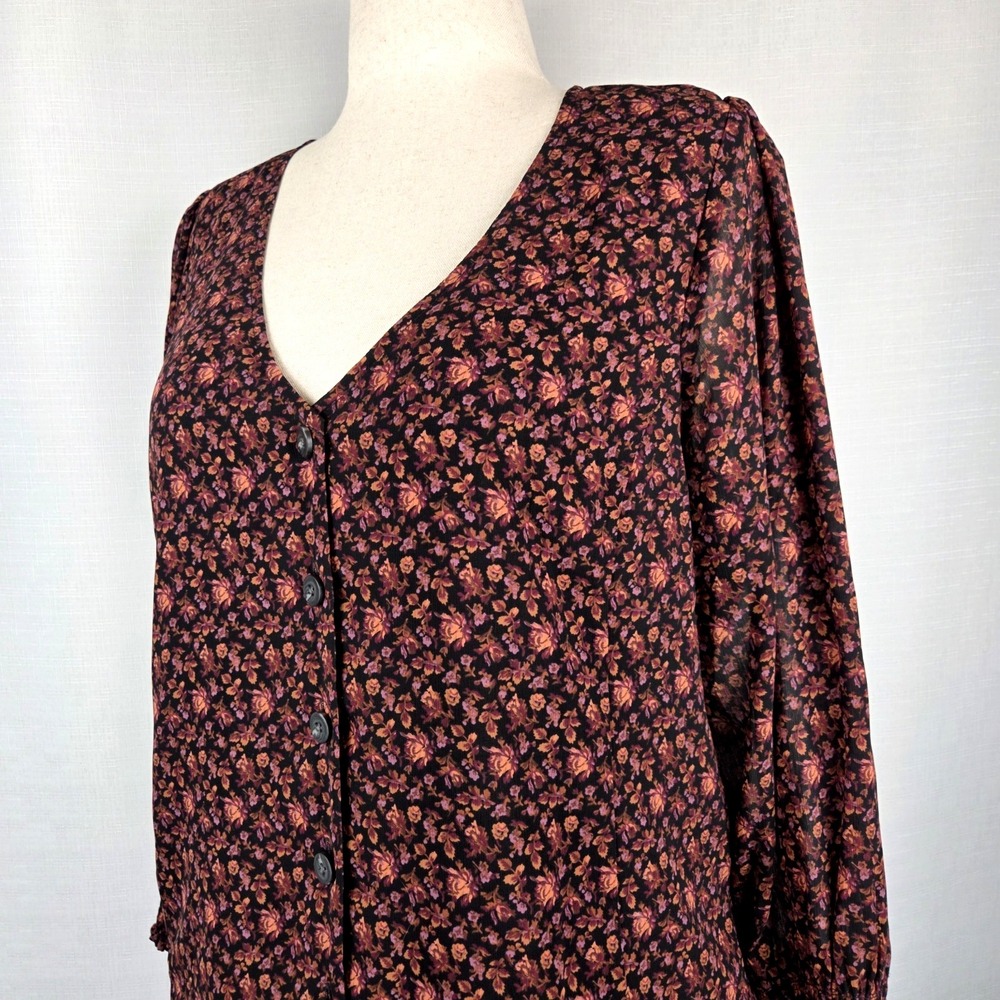 Madewell‎ Button Down Orchid Floral Blouse Women's 12 Georgette Burgundy